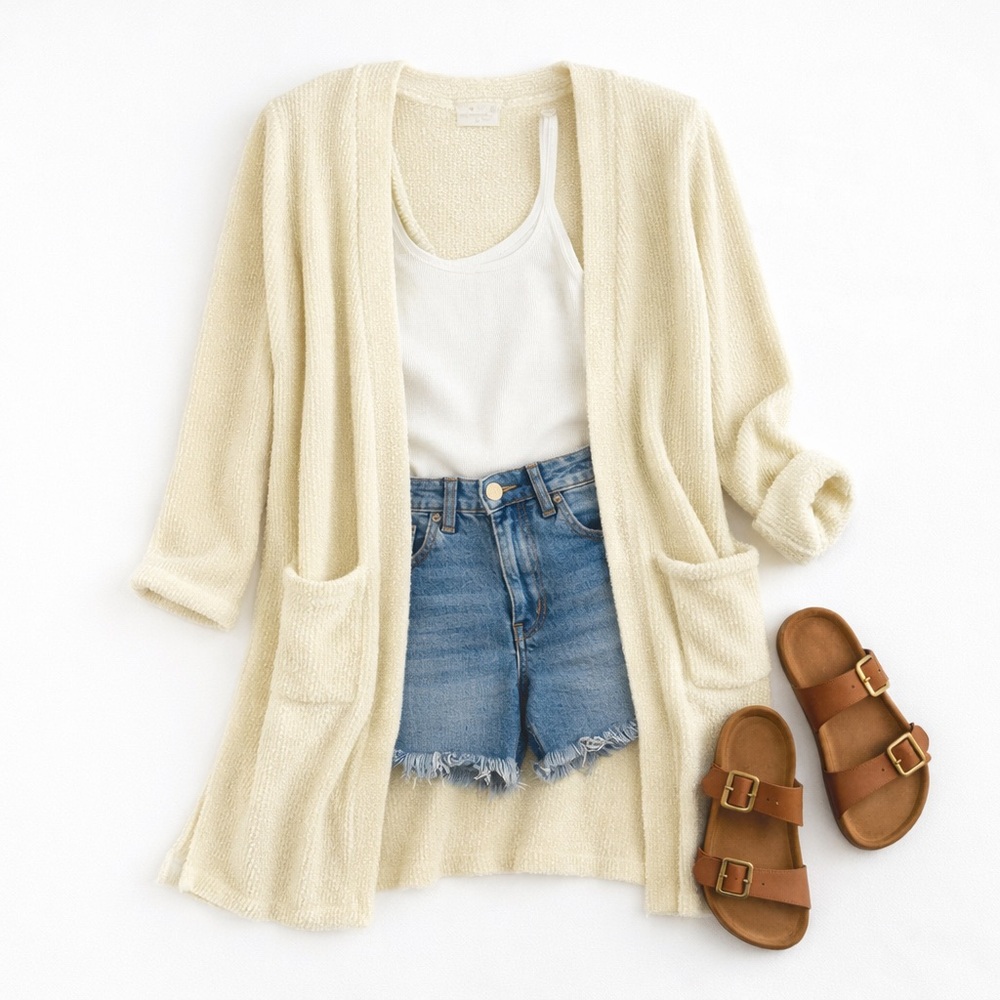 Poof Apparel Cream Chenille Open Front Cardigan Duster Pockets Cozy Boho Size M
